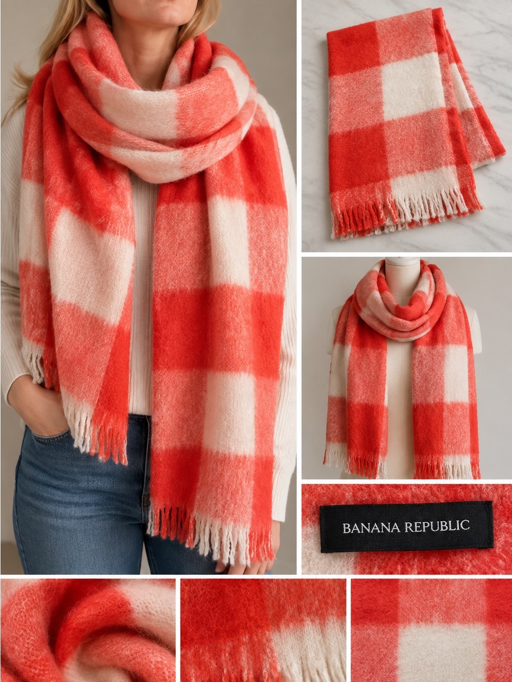 Banana Republic Red White Plaid Oversized Wrap Scarf One Size